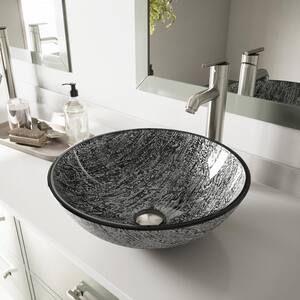 Glass Round Vessel Bathroom Sink in Titanium Gray with Seville Faucet and Pop-Up Drain in Brushed Nickel