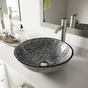 Glass Round Vessel Bathroom Sink in Titanium Gray with Seville Faucet and Pop-Up Drain in Brushed Nickel