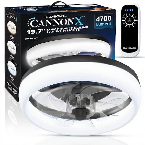 CannonX 19.7 in. Indoor Black Ceiling Fan 4700 Lumen Bright LED Lighting Standard Flush Mount Fandelier with Remote