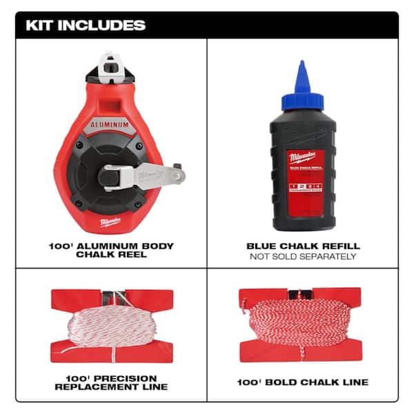 Milwaukee 100 ft. Bold Line Chalk Reel Kit with Blue Chalk and 7 in. Rafter  Square 48-22-3982-MLSQ070 - The Home Depot