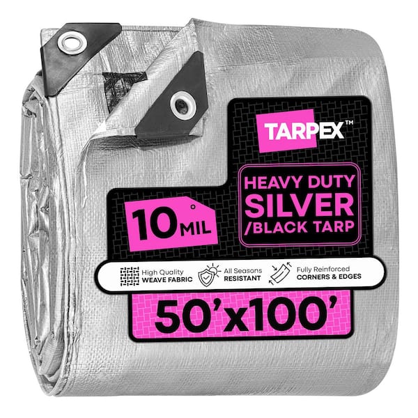 10 Mil Heavy-Duty Poly Tarp 50 ft. x 100 ft. Plastic UV Resistant Multi-Purpose Silver and Black Cover