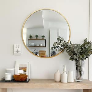 16 in. W x 16 in. H Round Aluminium Framed Brushed Gold Bathroom Vanity Mirror, Circle Wall Mirror