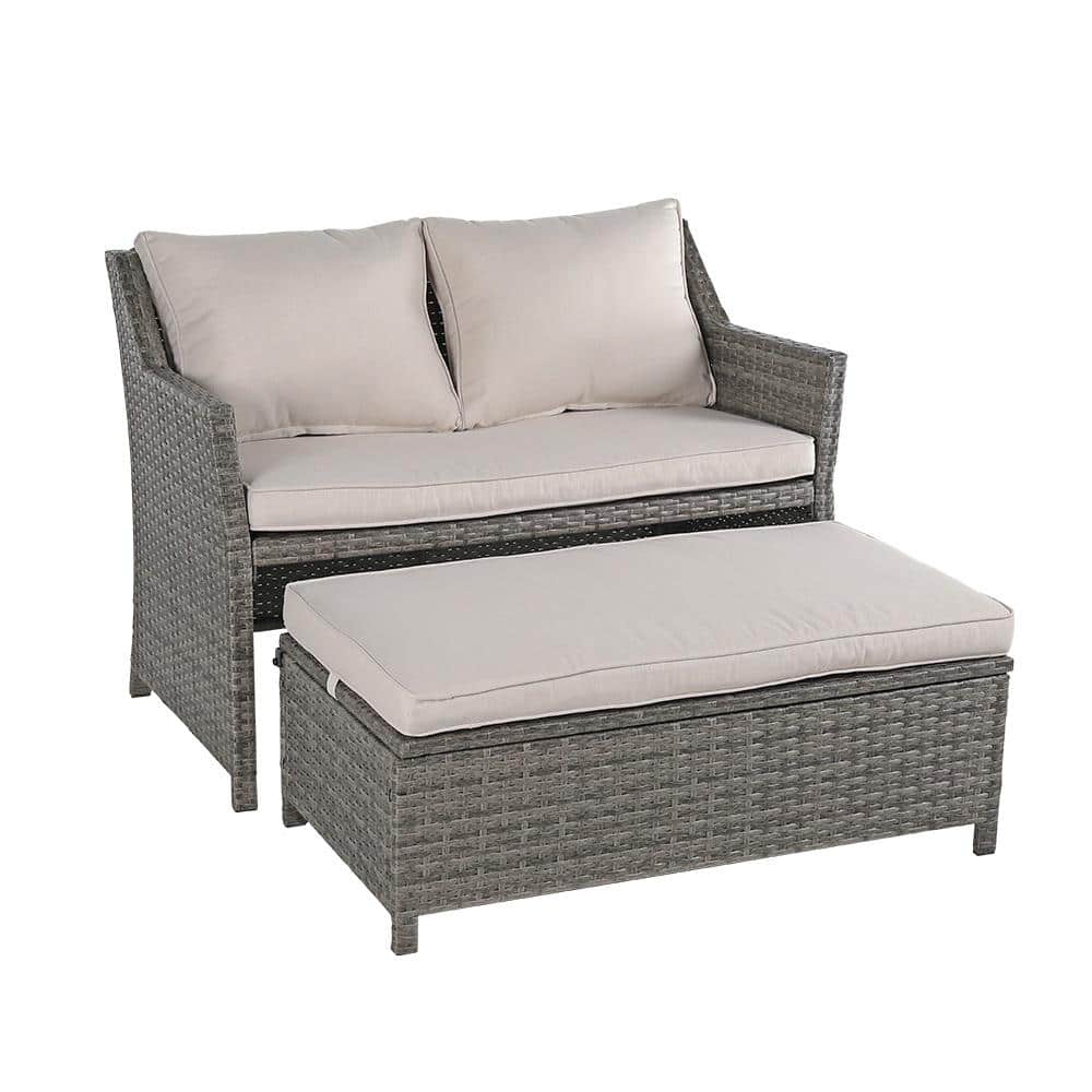 Gray 2-Piece Wicker Patio Conversation Sectional Set with Storage Ottoman, 