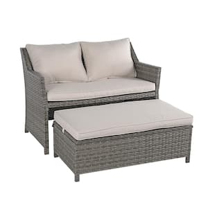 Orange Casual Gray 2-Piece Wicker Patio Conversation Sectional Set with Beige Cushions with Storage Ottoman