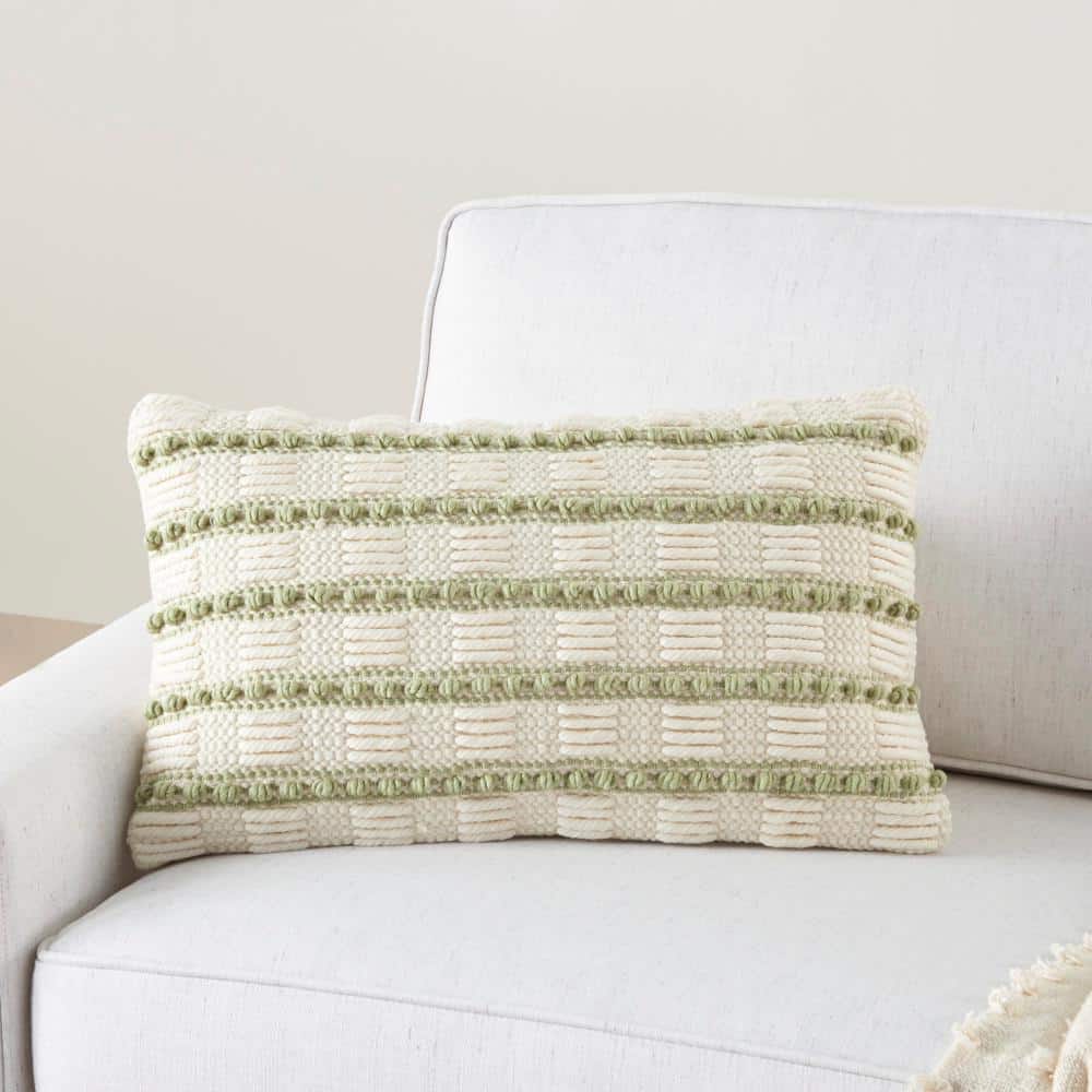 Sage and Ivory Rectangular Embroidered Throw Pillow