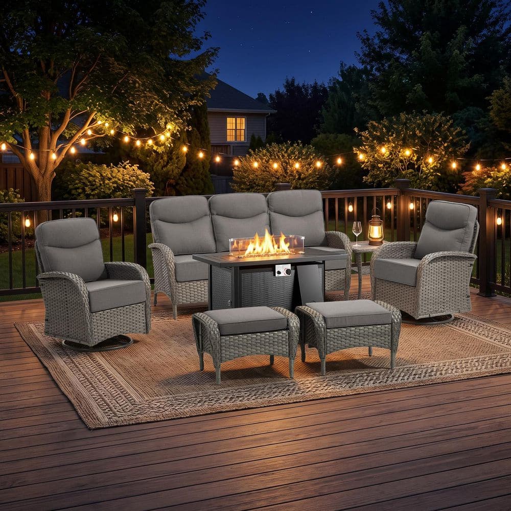 Moonridge 7-Piece Gray Wicker Fire Pit Conversation Set with 6 In. Olefin Gray Cushions / Metal Fire Pit Table price history on PriceWatchPro