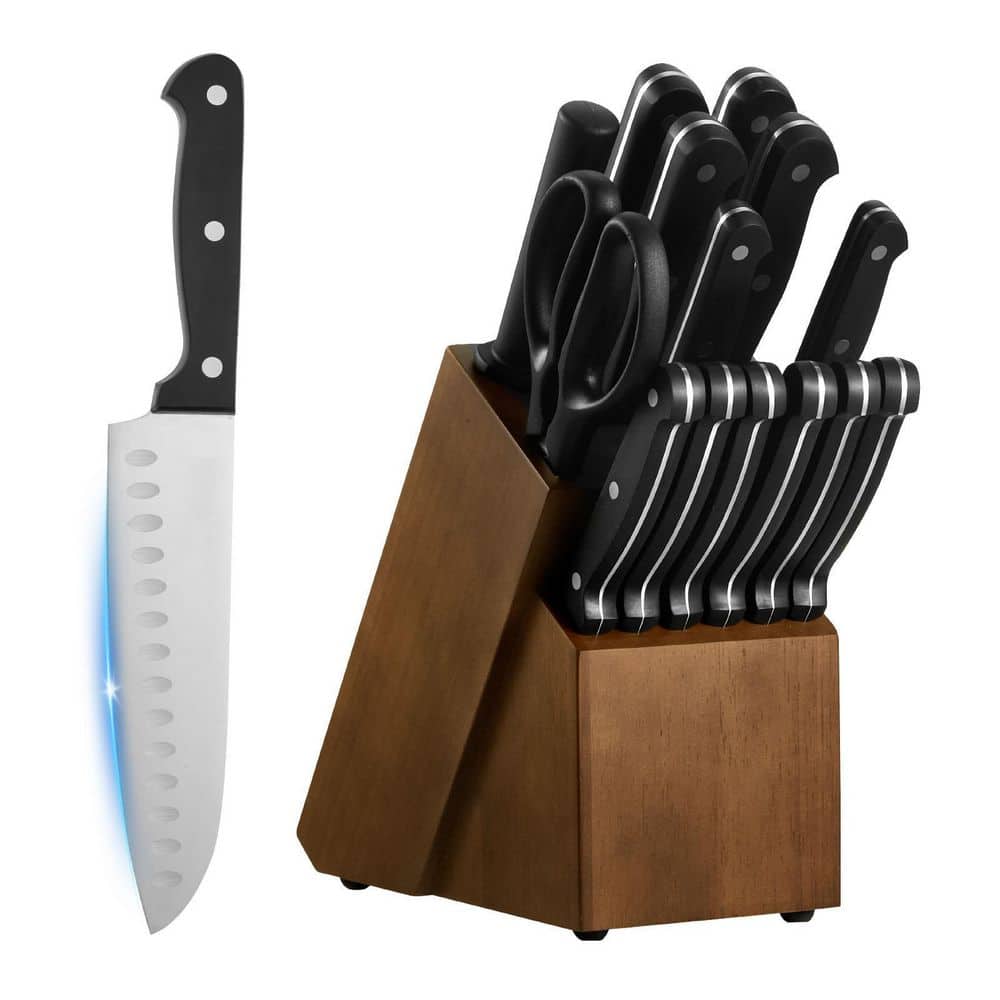 Kitchen Knife Set with Block Sharpener Knife Set w/ABS Ergonomic Handle Sharpening Wooden Block 15 Piece Stainless Steel