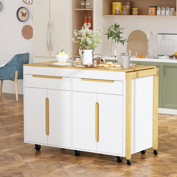FUFU&GAGA Max 75.5 in. W Brown Wood Grain Bar Serving Cart Dining Island With Extendable Table Top, Door Cabinet, Drawers, Casters