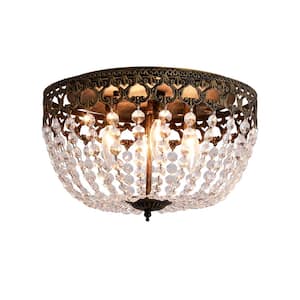 Portland 4-Light 15 in. Black/Gold Simple Bowl Flush Mount With Crystal Shade