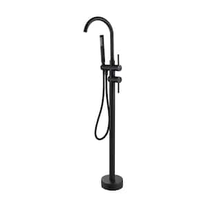 1-Handle Free Standing Floor Mount Tub Faucet Bathtub Filler with Hand Shower in Matte Black