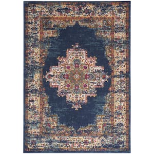 Navy Blue 5 ft. x 7 ft. Floral Power Loom Distressed Area Rug