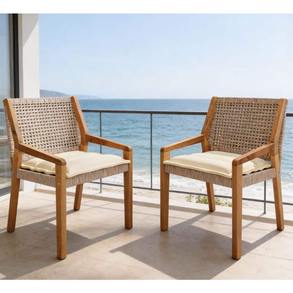 Brown Acacia Wood Outdoor Dining Chair with Beige Cushions for Backyard, Poolside, Garden (2-Pack) price history on PriceWatchPro