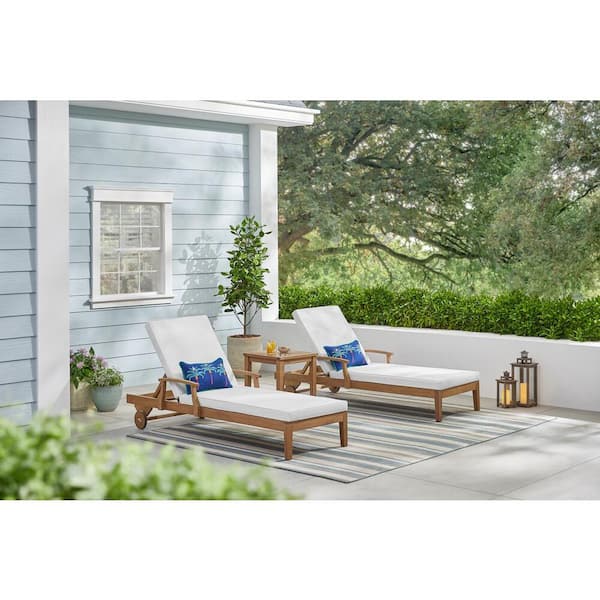 Hampton Bay Woodford Eucalyptus Wood Outdoor Chaise Lounge with CushionGuard Bright White Cushions