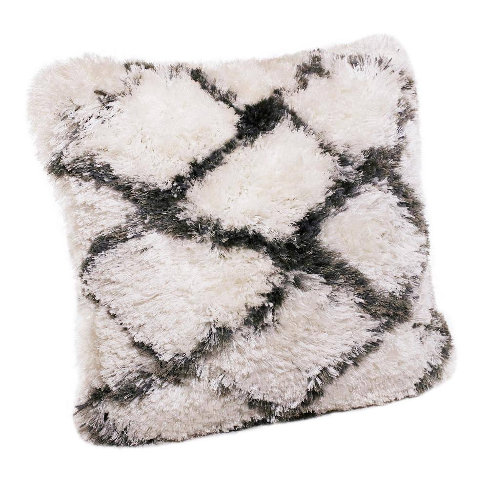 20" White and Black Diamond Shag Throw Pillow