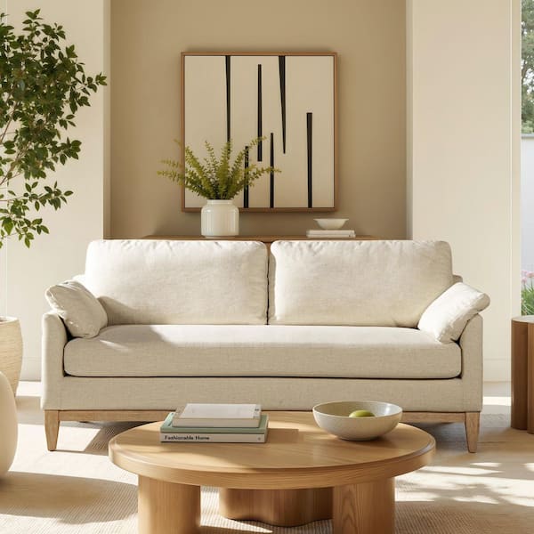 Pasadena 75.5 in. Modern Living Room Pillow Top Arm Linen Farmhouse Compact Sofa Rectangle for Small Spaces Flax White