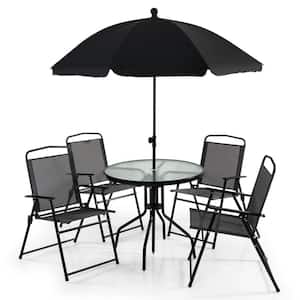 6-Pieces Metal Outdoor Dining Set, Folding Sling Chairs, Tilt Umbrella, Tempered Glass Dining Table, Black and Grey