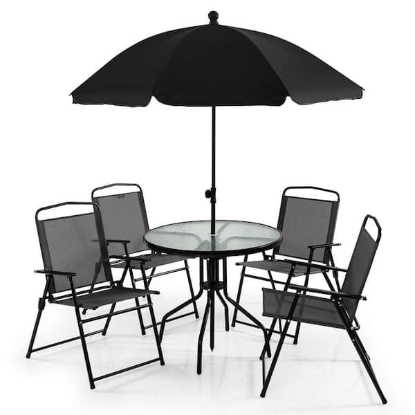 ANGELES HOME 6-Pieces Metal Outdoor Dining Set, Folding Sling Chairs, Tilt Umbrella, Tempered Glass Dining Table, Black and Grey