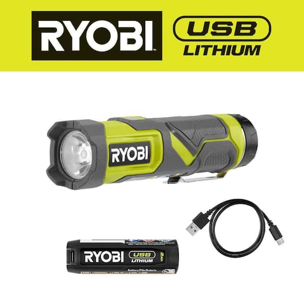RYOBI 600 Lumens LED USB Lithium Compact Flashlight Kit 3-Mode with Battery and Charging Cable