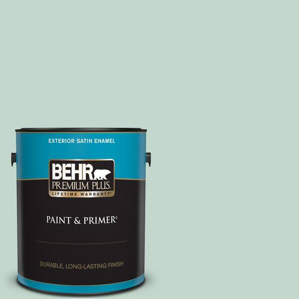 BEHR PREMIUM PLUS 1 gal. #470E-3 Aqua Smoke Satin Enamel Exterior Paint & Primer