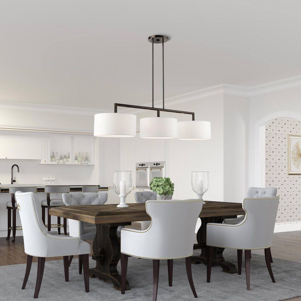 Black Chrome 3-Light Linear Chandelier with Off-White Shades