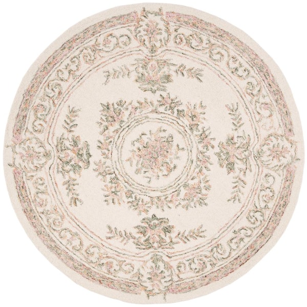 Micro-Loop 7 ft. x 7 ft. Round Ivory/Fuchsia Floral Border Area Rug
