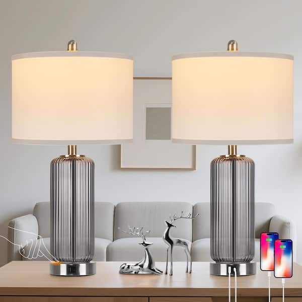 26'' Modern Grey Glass Table Lamps Set of 2,3-Way Dimmable Bedside Lamps with USB A+C Ports& Touch Control for Bedroom
