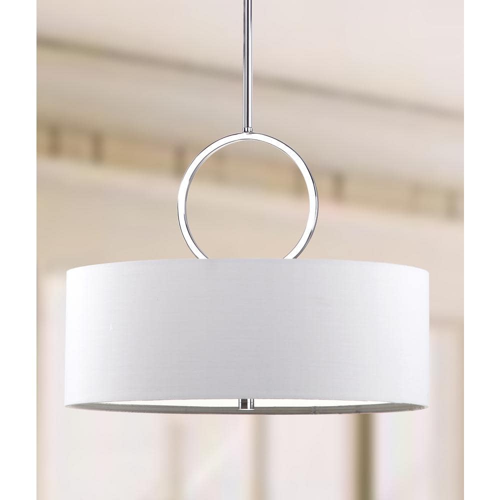 Debonair Chrome Drum Pendant Light with White Linen Shade