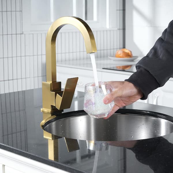 Single Handle Stainless Steel Bar Faucet Deckplate Not Included with Swivel Spout in Brushed Gold