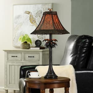 French 26 in. Dark Brown Coastal Table Lamp for Living Room with Brown Rattan Shade