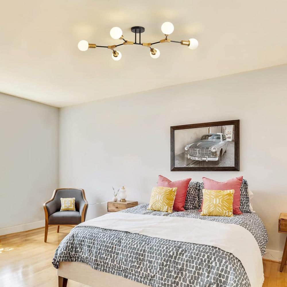 35 in. 6-Light Black and Gold Sputnik Semi Flush Mount Chandelier, Modern Ceiling Light for Bedroom, Living Room price history on PriceWatchPro