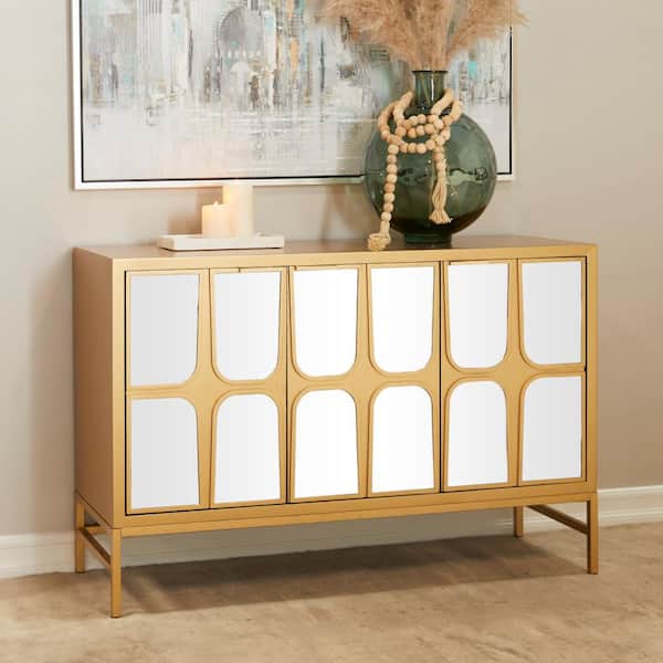 Litton Lane 48 in. W Gold Wood 1 Shelf and 3 Doors Cabinet with Mirrored Front