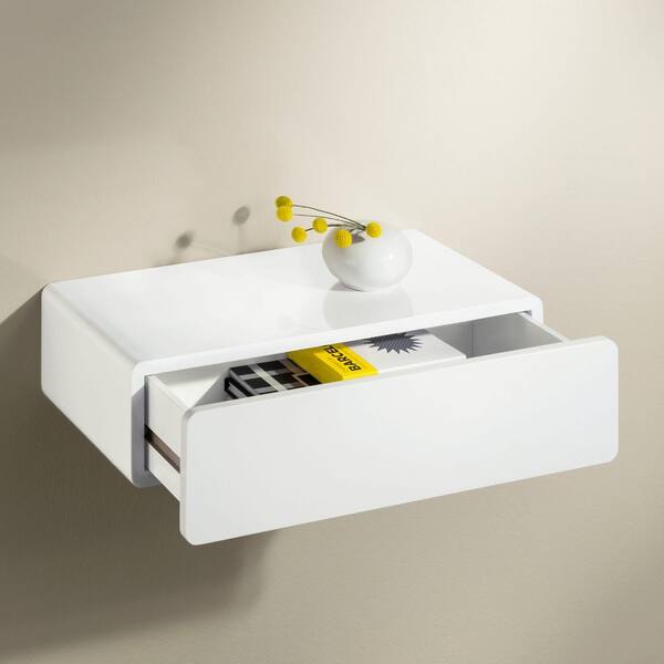 Shelf with Drawer 19 in. x 9.875 in. Floating White Modern Decorative Shelf