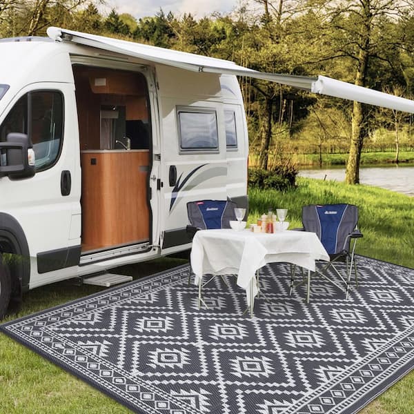 Outdoor Grey Area Rug UV Resistant Waterproof Patio Rug Non Slip Stain Resistant RV Camping Carpet 8*10