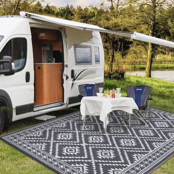 Outdoor Grey Area Rug UV Resistant Waterproof Patio Rug Non Slip Stain Resistant RV Camping Carpet 9*18