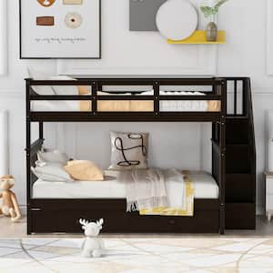 Espresso Full Over Full Wood Bunk Bed with Twin Trundle and Bookshelves, Detachable Kids Bunk Bed with Staircases