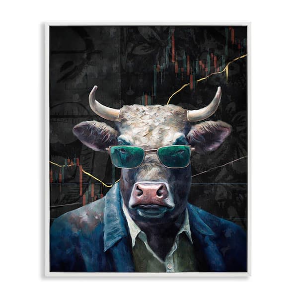 Stupell Industries Bull in Sunglasses by Svetlana Aleynikova White Framed Animal Giclee Art Print 30 in. x 24 in.