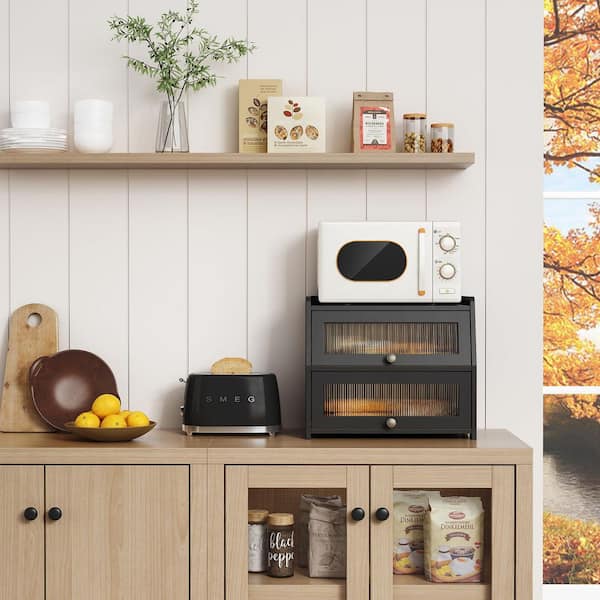 Double Layer Bread Box for Kitchen Countertop, Kitchen Counter Cabinet, Pantry and Cupboard Storage, Black (1-Pack)