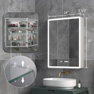24 in. W x 32 in. H Silver Aluminum Recessed or Surface Mount Right Medicine Cabinet with Mirror LED and Clock