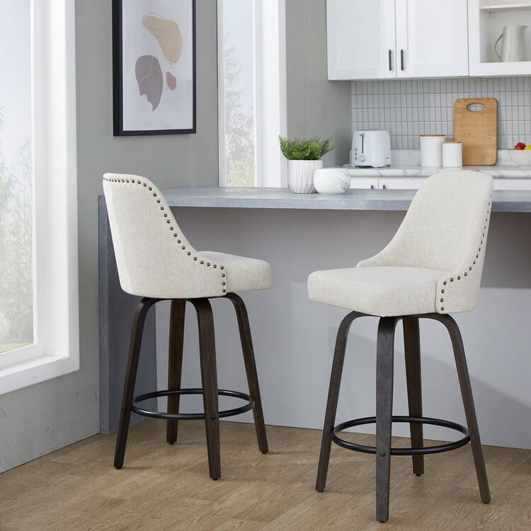 Lumisource Studded Marcel 27 in. Cream Fabric, Walnut Glazed Wood, Black Metal, Brass Metal Fixed-Height Counter Stool (Set of 2)