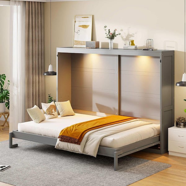 Gray Wood Frame Queen Size Murphy Bed with LED Lights