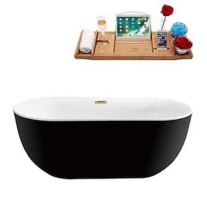 67 in. Acrylic Flatbottom Non-Whirlpool Bathtub in Glossy Black with Polished Gold Drain and Overflow Cover