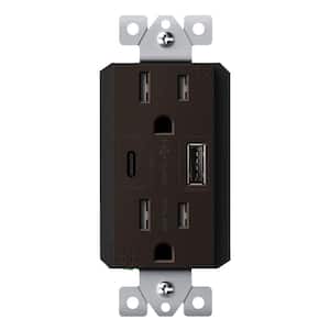 15 Amp Duplex Receptacle, 60-Watt Power Delivery USB Outlet Type A/C, 3 Ports, Brown