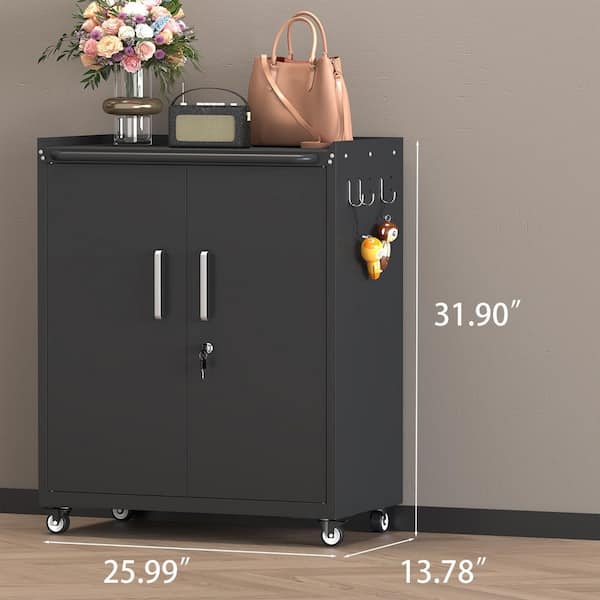 26 in. W x 32 in. H Black Rolling Metal Storage Cabinet, Mobile Tool Locker with Lock, 360° Casters & Shelves for Garage