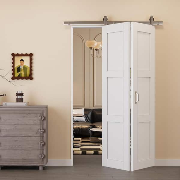48 in. x 80 in. Paneled 3 Lite White Primed MDF Bifold Sliding Barn Door with Hardware Kit Nickle
