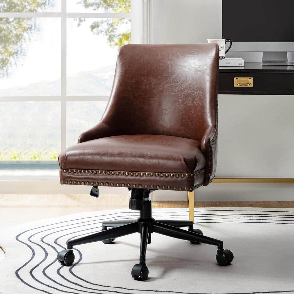 Taurino Contemporary Brown Leather Swivel Height-adjustable Task Chair with Nailhead Trim - Thumbnail 2