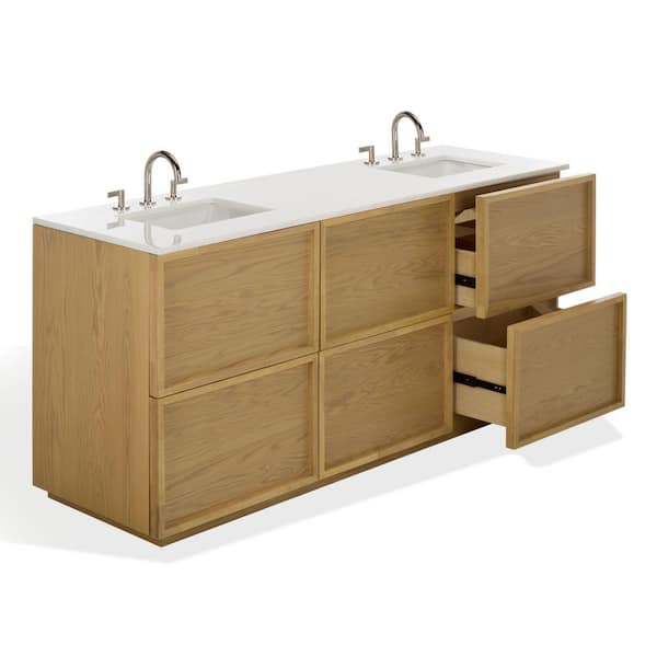Zeus 72 in. Double Sink Natural Bath Vanity with White Marble Top