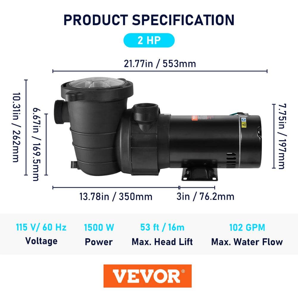 VEVOR Black 2-HP Copper Motor Swimming Pool Pump