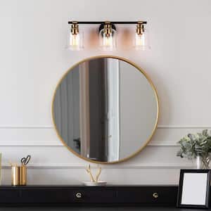 Modern Black Bathroom Wall Sconce 20.5 in. 3-Light Vanity Light with Plated Brass Accents and Bell Clear Glass Shades