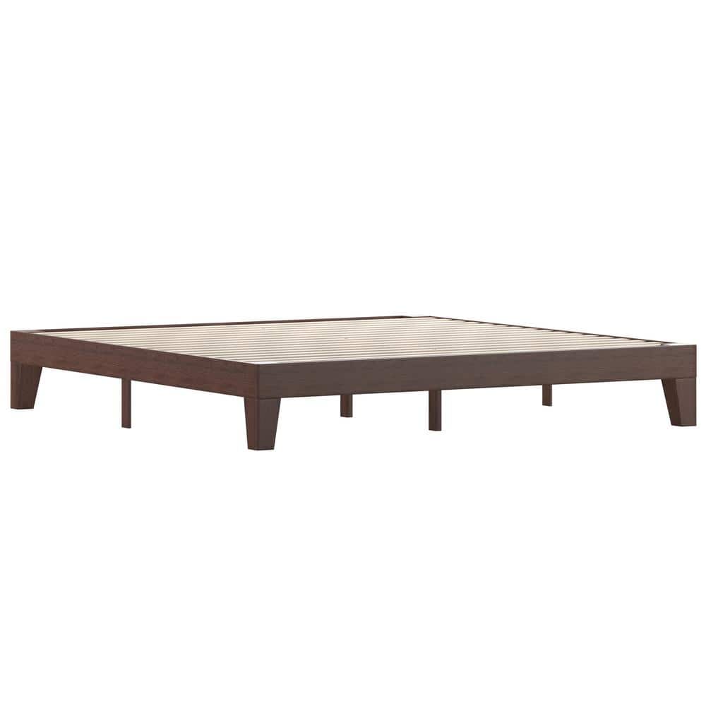 King Walnut Wooden Platform Bed with Slats and Headboard