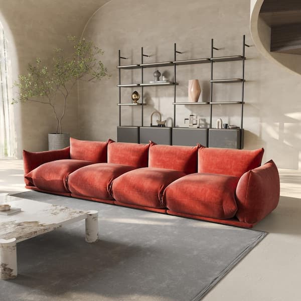 Magic Home Comfy 131 in. Flared Arm Breathable Chenille Modular Sofa 4 Deep Seats Minimalist Lawson Floor Couch in Orange